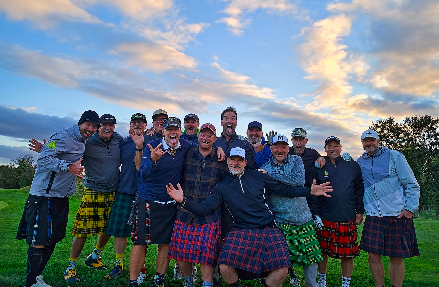 Man vs. Elements 2026 Golf and Gamble Trip at Bar Run Golf Resort in Roseburg, Oregon, featuring a group of friends from Bend wearing kilts for their annual golf trip.